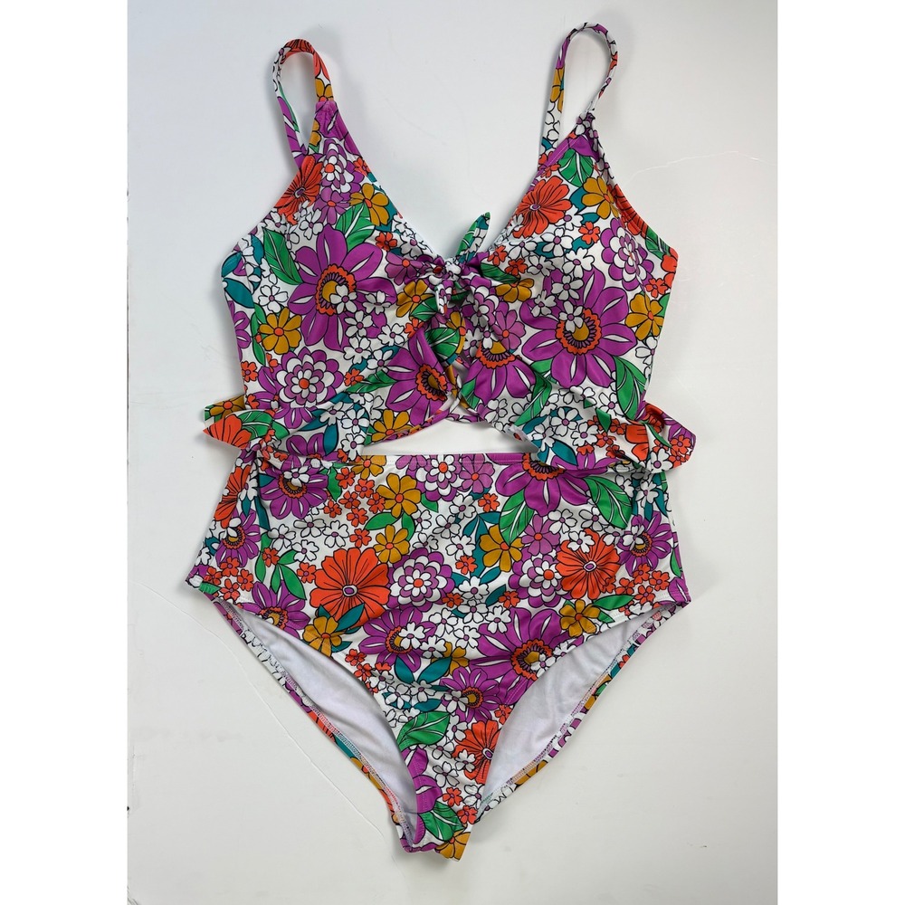 Hurley Womens Floral Cutout One Piece Swimsuit Purple Orange Retro Monokini 2X